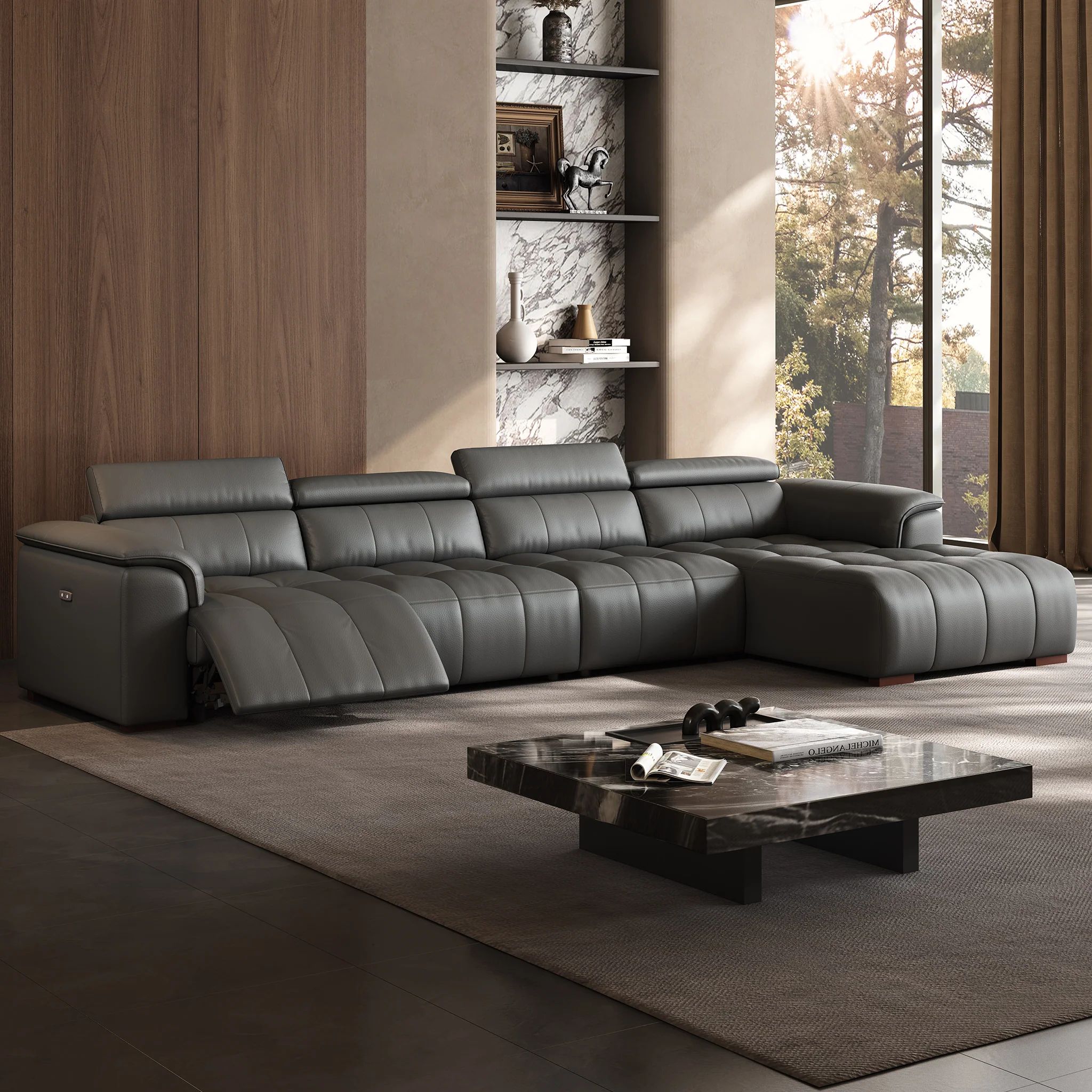 Modern Genuine Leather Power Reclining Modular Sectional Sofa