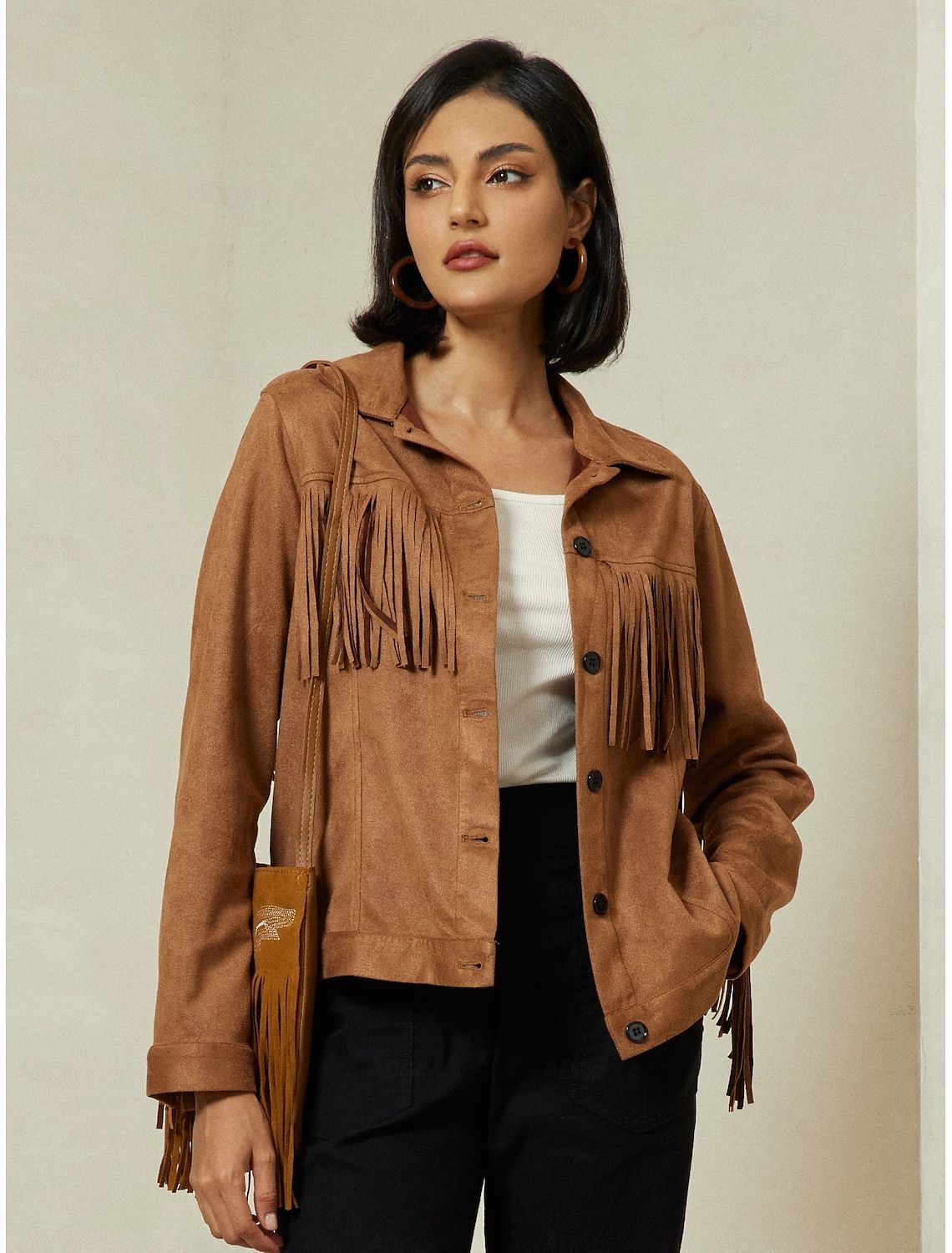 Suede Fringe Hem Crew Neck Jacket